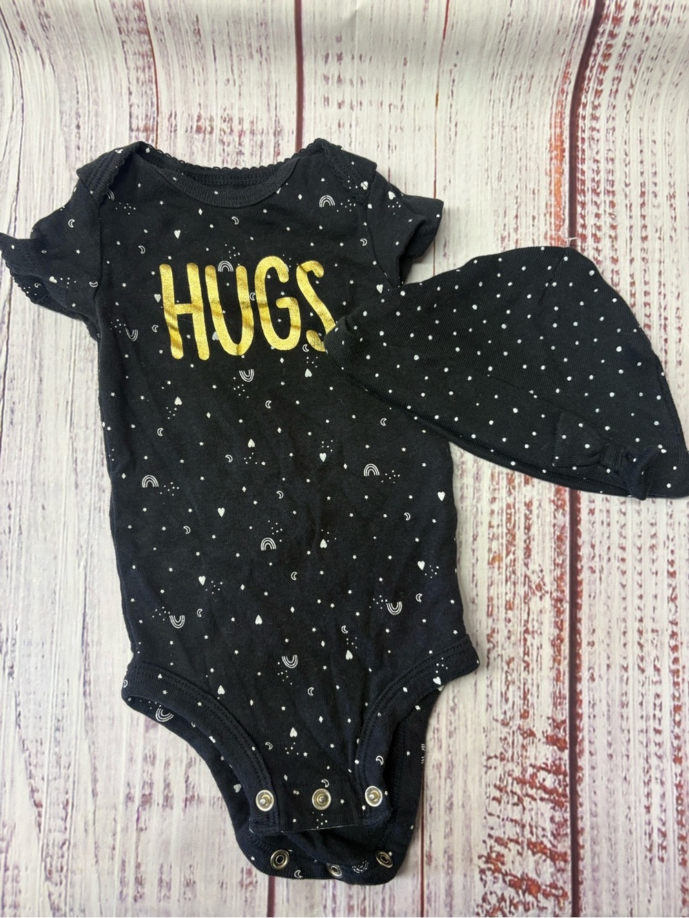 Carter's Black 'HUGS' Short Sleeve One-Piece with Matching Hat